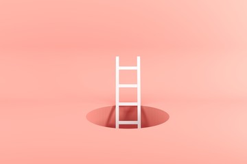 Outstanding white ladder standing inside hole on pink background. Minimal conceptual idea concept. 3D Render.