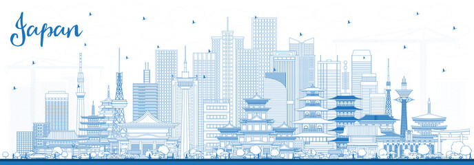 Fototapeta premium Outline Welcome to Japan Skyline with Blue Buildings.