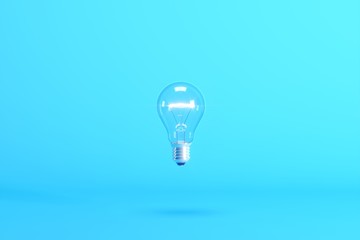 Floating light bulb isolated on blue background. Minimal conceptual idea concept. 3D Render.