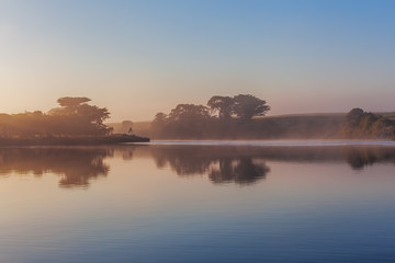 Trees silhouettes and early morning fog over river at sunrise with copy space