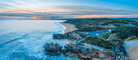 Point Ritchie lookout and beautiful rocks at dusk - aerial panorama