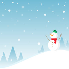 Snow man with winter landscape background, vector illustration.