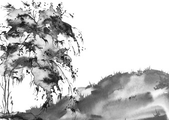Watercolor banner, logo, postcard. Black silhouette of a tree, maple, oak, birch, poplar, linden,willow. Watercolor landscape, black splash of paint, abstract spots, beautiful drawing. Brush painting
