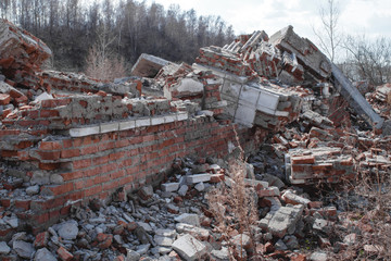 The ruins of a brick house. The house is destroyed, a natural disaster.