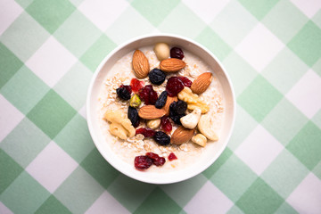 Healthy breakfast fresh granola muesli with milk and nuts