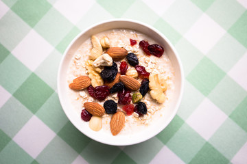 Healthy breakfast fresh granola muesli with milk and nuts