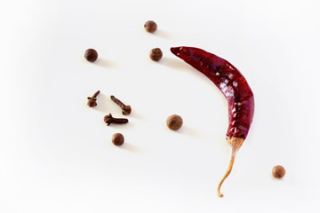 Dry red chilli long Kashmiri pepper, Cloves and Allspice isolated on white background. Close up. Copy space.