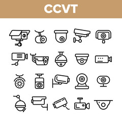 Surveillance Cameras, CCTV Linear Icons Vector Set. Security System, CCTV Thin Line Illustrations Collection. Home Safety Equipment. Wall, Ceiling Surveillance Cam Types Outline Symbols