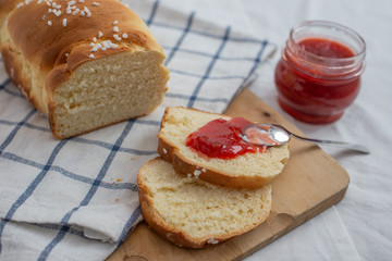 Home made brioche with rhubarb strawberry marmelade