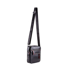Modern men leather handbag black color with adjustable woven shoulder strap isolated