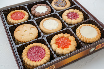 Homemade biscuit biscuits with various fillings. Assorted Close-up.