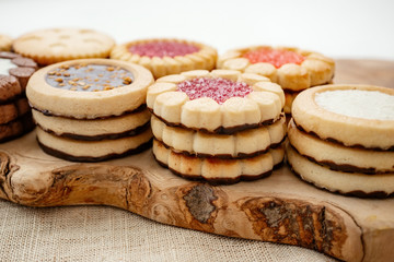 Fototapeta na wymiar Homemade biscuit biscuits with various fillings. Assorted Close-up.