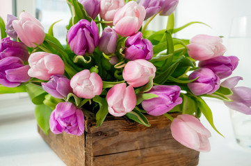 A beautiful bouquet of tulips with a white cup for tea. Close up