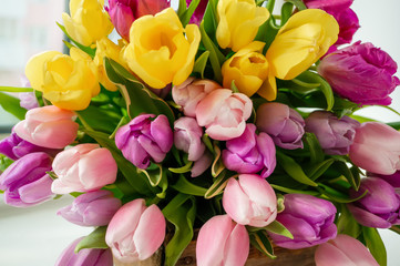 A beautiful bouquet of tulips with a white cup for tea. Close up