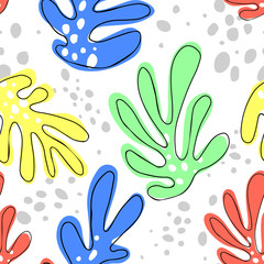 Trendy seamless exotic pattern with tropical plants. Seamless texture with palm leaves. Backdrop with houseplants. Multicolor stylized leaves. Botanical wrapping paper, fabric, background design. 