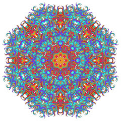 Abstract radial decoration tracery. Indian circular pattern, ornamental floral mandala in green, blue and red colors. Adornment for meditation classes.
