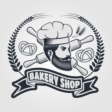 Bakery or bread shop logo, emblem with Chief and Pretzel. Vector illustration