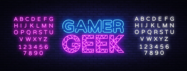Gamer Geek Neon Text Vector. Gaming neon sign, design template, modern trend design, night signboard, night bright advertising, light banner, light art. Vector. Editing text neon sign