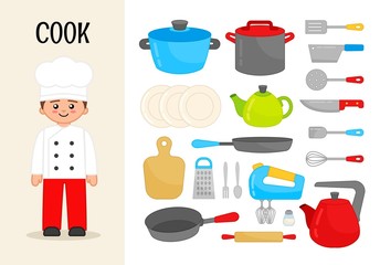 Vector character cook. Illustrations of objects for the cooking. Set of cartoon professions.