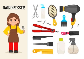 Vector character hairdresser. Illustrations of hairdresser equipment. Set of cartoon professions.