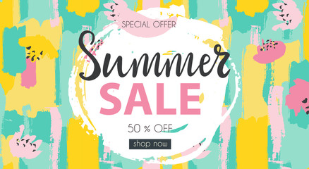 Summer sale typography banner illustration for advertisement, business, fashion with hand drawn lettering and colorful flowers and brush strokes on background