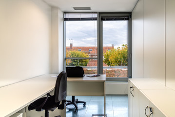 Modern coworking office with furniture and window to park