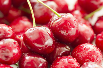 Close up of fresh cherry berries with water drops.Antioxidant, vitamin, organic berry