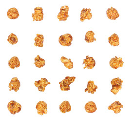 Caramel popcorn isolated on white background. Top view..