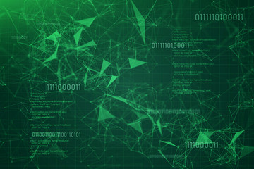 Visualization of digital data. Geometric green polygonal plexus background. Coding. 3d rendering