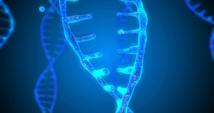 Abstract glittering DNA double helix with depth of field. Animation of DNA construction from debrises. Science animation. Conceptual design of genetics information. 4k, alpha channel