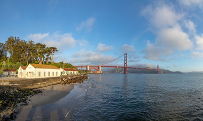 View of Golden Gate Bridge along the coastline in San Francisco