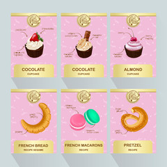 Desserts and pastry vector menu template. Price design for bakery cakes or cupcakes, sweet macarons, pretzel, french bread.  Vector set of cupcakes and bakery products .