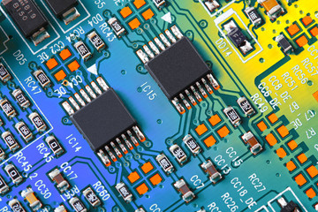 Electronic circuit board close up.