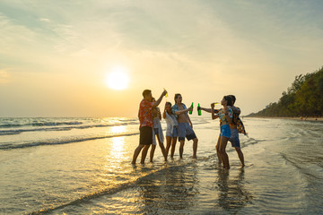 A group of friends who party and play fun on the beach.