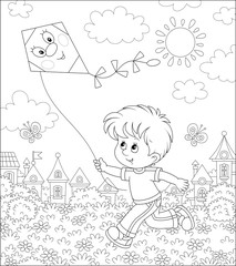 Smiling little boy running and playing with a funny toy kite against a background of a small town on a sunny summer day, black and white vector illustration in a cartoon style