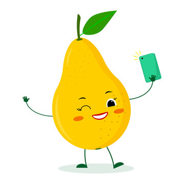 Kawaii cute yellow pear fruit cartoon character with a smartphone and does selfie. Logo, template, design. Vector illustration, a flat style