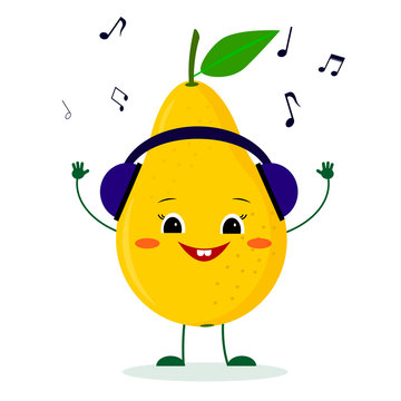 Kawaii cute yellow pear fruit character in cartoon style listening to music with headphones. Logo, template, design. illustration, flat style