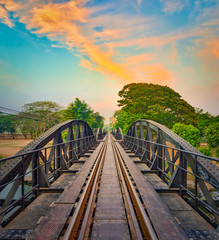 Fototapeta na wymiar The bridge on the river Kwai. Railway in Kanchanaburi, Thailand