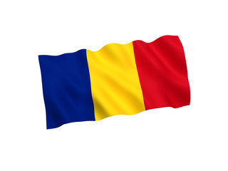 National fabric flag of Romania isolated on white background. 3d rendering illustration. 1 to 2 proportion