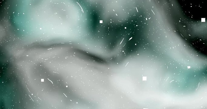 Seamlessly loopable 4k video of soft liquid plastic nebula in space, slowly moving, forming and dissolving, with white squares flying around, 4k, 4096, 25fps