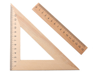 wooden triangle with wooden ruler isolated on white background. top view