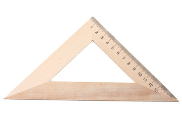 wooden triangle ruler isolated on white background. top view