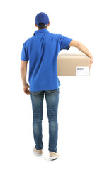 Delivery man with box on white background, back view