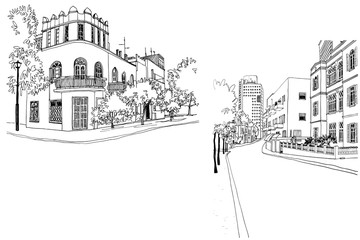 Streets of Tel Aviv, hand drawn sketch. Vector.