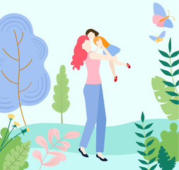 Hello summer. Mother with daughter spend weekend outdoors in park.