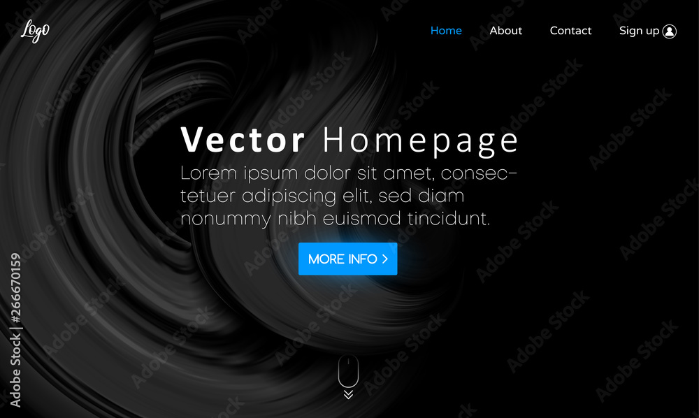 Wall mural black web homepage template with buttons and abstract brushstroke design.