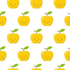Yellow cute kawaii apple seamless pattern on the white background. Vector illustration.