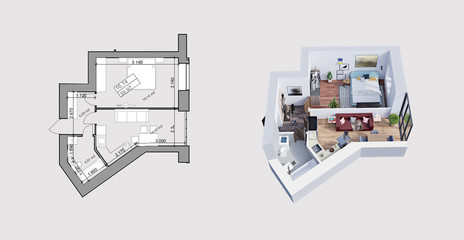 3d rendering and plan/ layout of a modern apartment