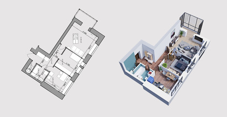 Naklejka premium 3d rendering and plan/ layout of a modern apartment