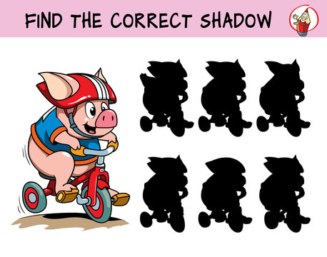 Funny little pig rides a bike. Find the correct shadow. Educational matching game for children. Cartoon vector illustration